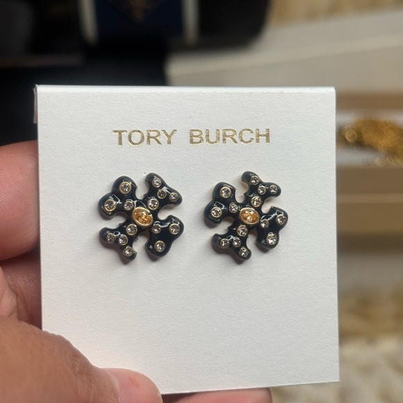 Tory Burch Black and Gold Floral Earrings - Picture 1 of 5